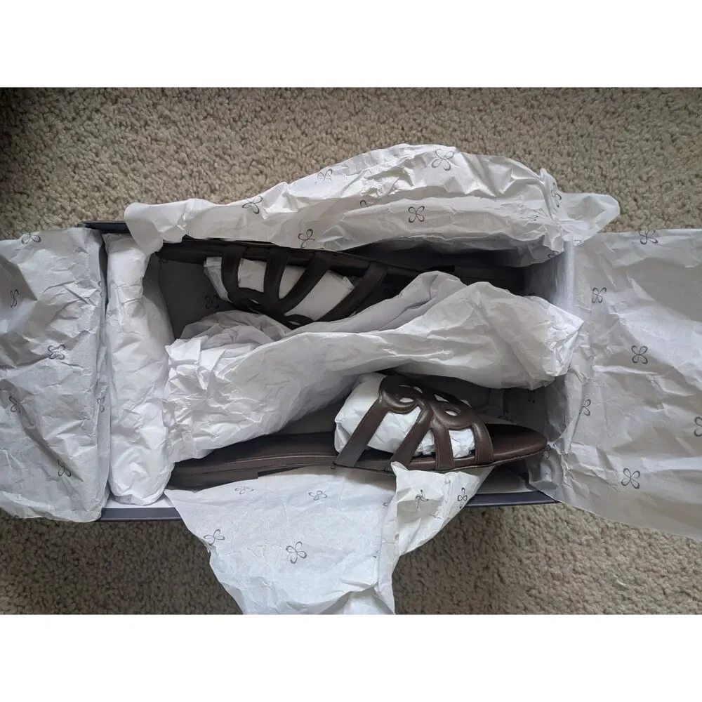 NIB Maeve Anthropologie Logo Dark Brown Leather Slide Sandals Sz 9 - Picture 9 of 10